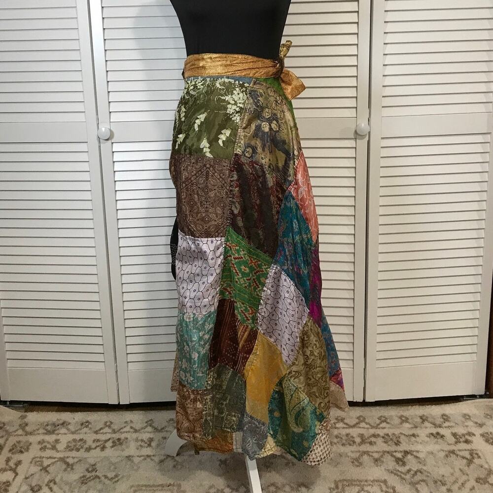 Greater Good Boho Patchwork Sari Silk Wrap Around Maxi A-line Skirt One Size